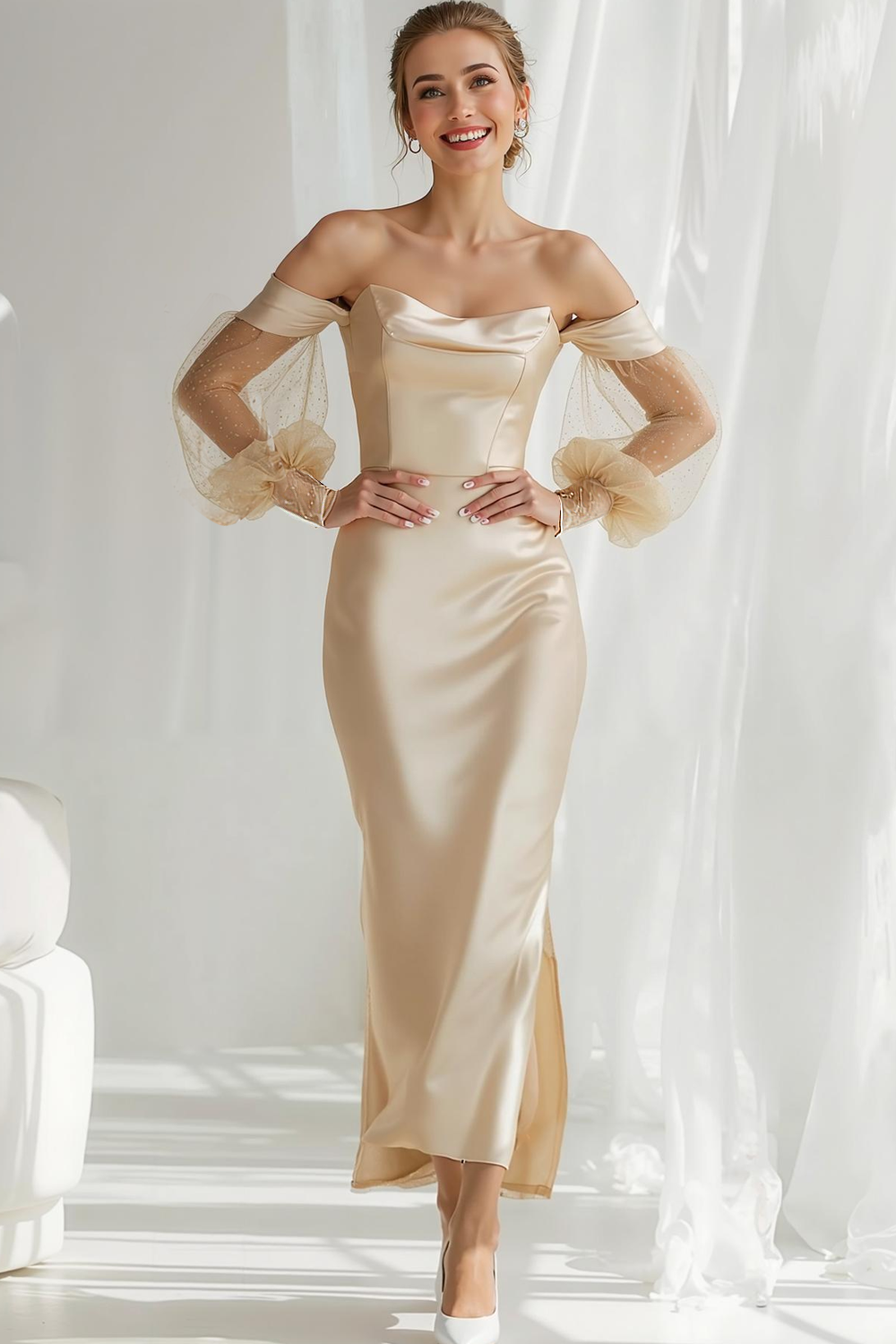 Champagne Satin Off The Shoulder Sheath Long Bridesmaid Dress with Sleeves