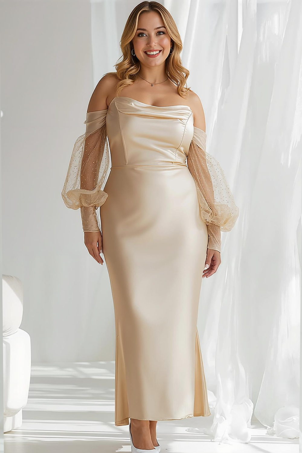 Champagne Satin Off The Shoulder Sheath Long Bridesmaid Dress with Sleeves