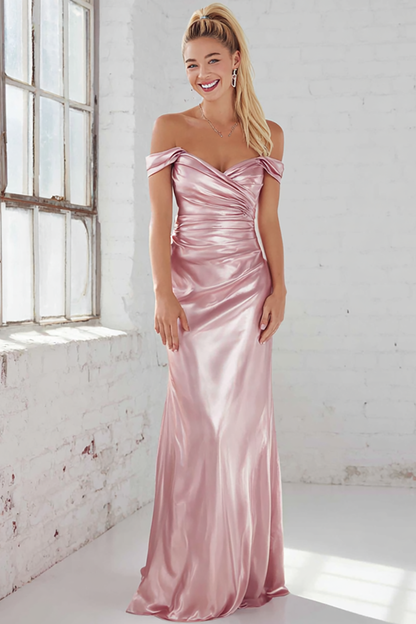 Pink Satin Sheath Ruched Off The Shoulder Long Bridesmaid Dress