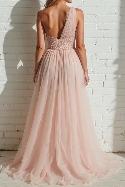 Light Pink Sequin One Shoulder A Line Prom Dress