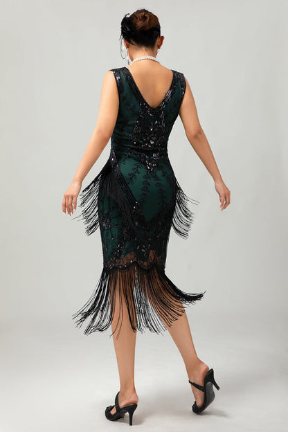 Black Green Sequin Fringe V Neck 1920s Dress with 5-Piece Accessories Set