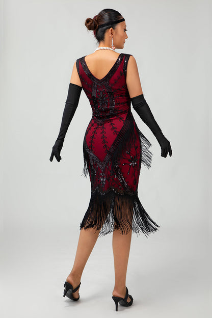 Fringed Black Red Sequin 1920s Dress with 5-Piece Accessory Set