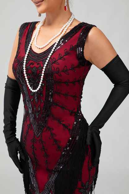 Fringed Black Red Sequin 1920s Dress with 5-Piece Accessory Set