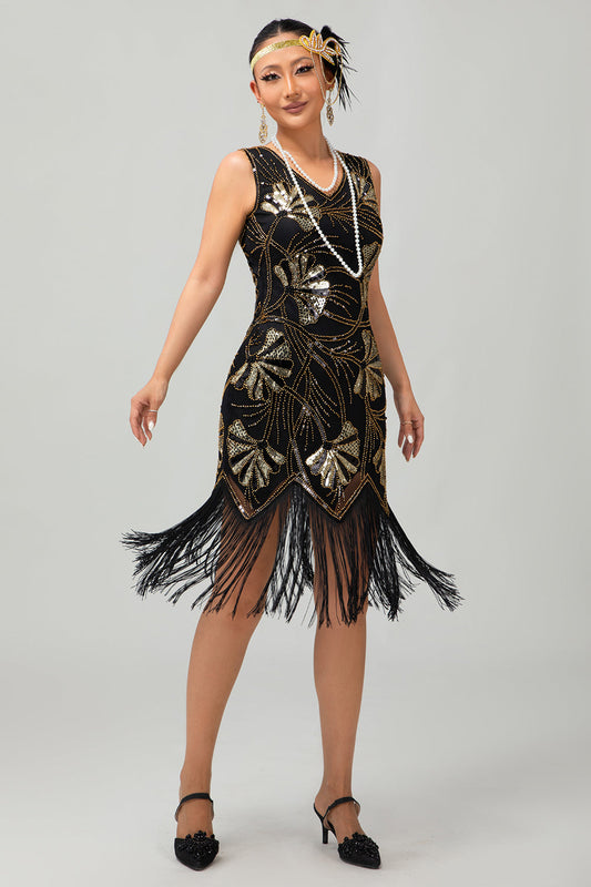 Sparkly Black Golden Fringed 1920s Dress