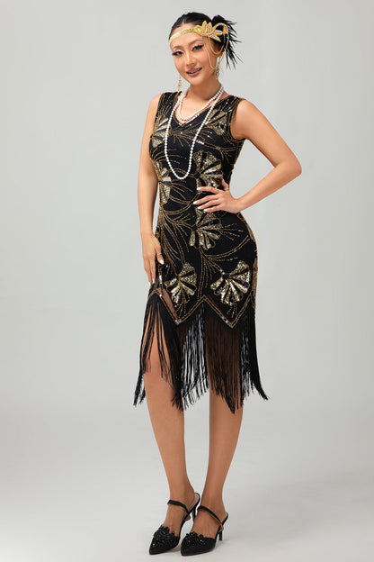 Red Golden Sequin 1920s V Neck Bodycon Flapper Dress with Tassles