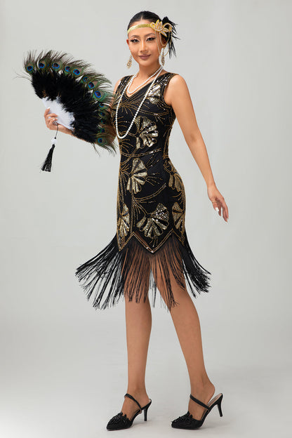 Red Golden Sequin 1920s V Neck Bodycon Flapper Dress with Tassles