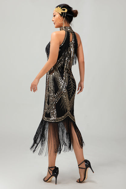 Champagne Halter Sequin Keyhole Fringed 1920s Dress