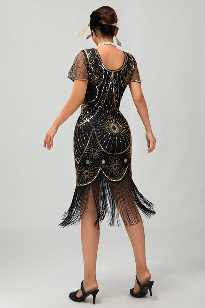 Gatsby Black Red Scoop Fringed Bodycon1920s Dress with Sequins