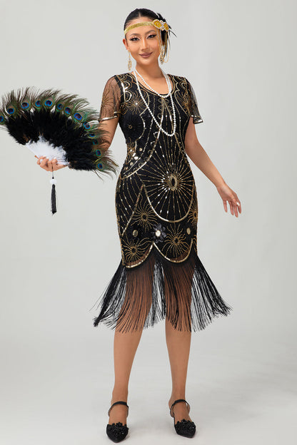 Gatsby Black Silver Scoop Fringed Bodycon 1920s Dress with Sequins