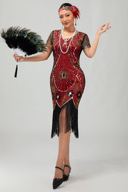 Gatsby Black Silver Scoop Fringed Bodycon 1920s Dress with Sequins