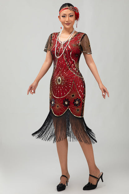 Gatsby Black Red Scoop Fringed Bodycon1920s Dress with Sequins