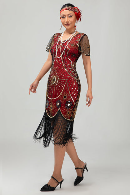 Gatsby Black Silver Scoop Fringed Bodycon 1920s Dress with Sequins