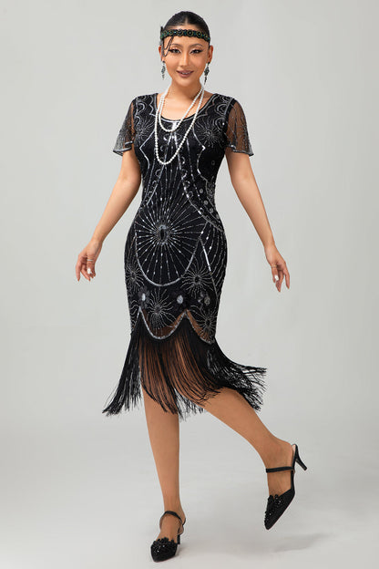Gatsby Black Red Scoop Fringed Bodycon1920s Dress with Sequins