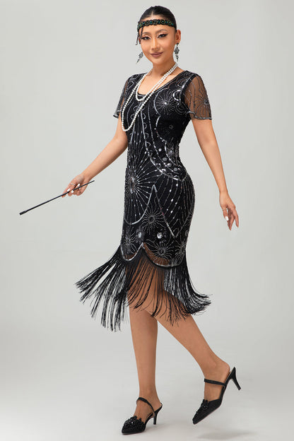 Gatsby Black Red Scoop Fringed Bodycon1920s Dress with Sequins