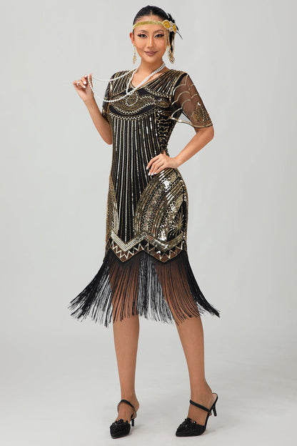 Sparkly Black Red Bodycon Fringed Short 1920s Dress With Fringes