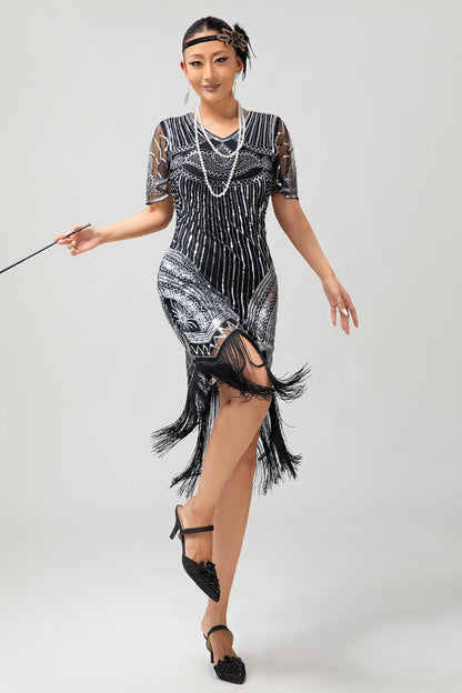 Sparkly Black Red Bodycon Fringed Short 1920s Dress With Fringes