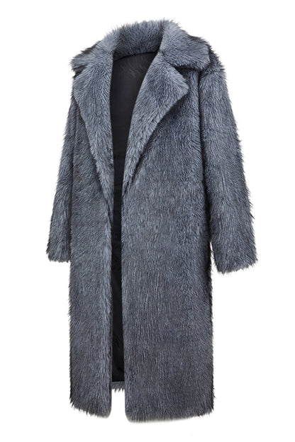 Dark Grey Lapel Faux Fur Men's Long Winter Overcoat