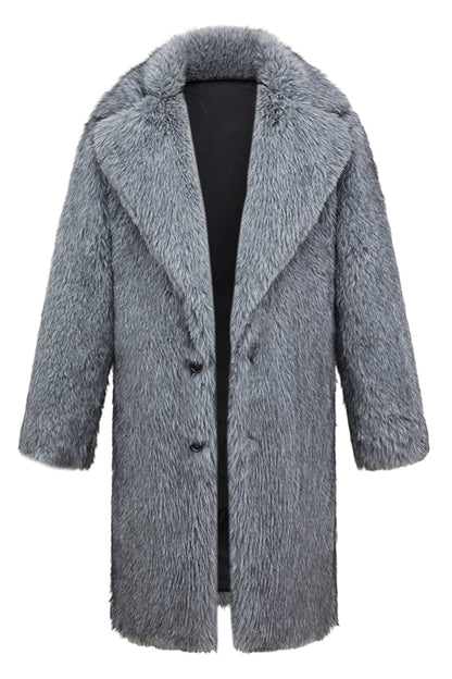 Grey Long Sleeve Notched Lapel Men's Faux Fur Coat