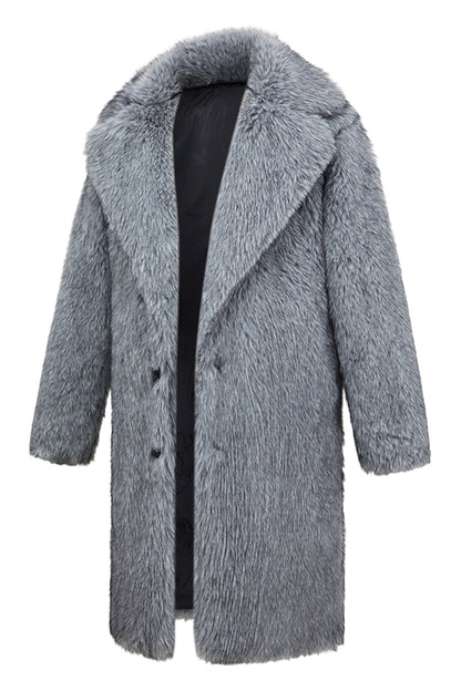 Grey Long Sleeve Notched Lapel Men's Faux Fur Coat