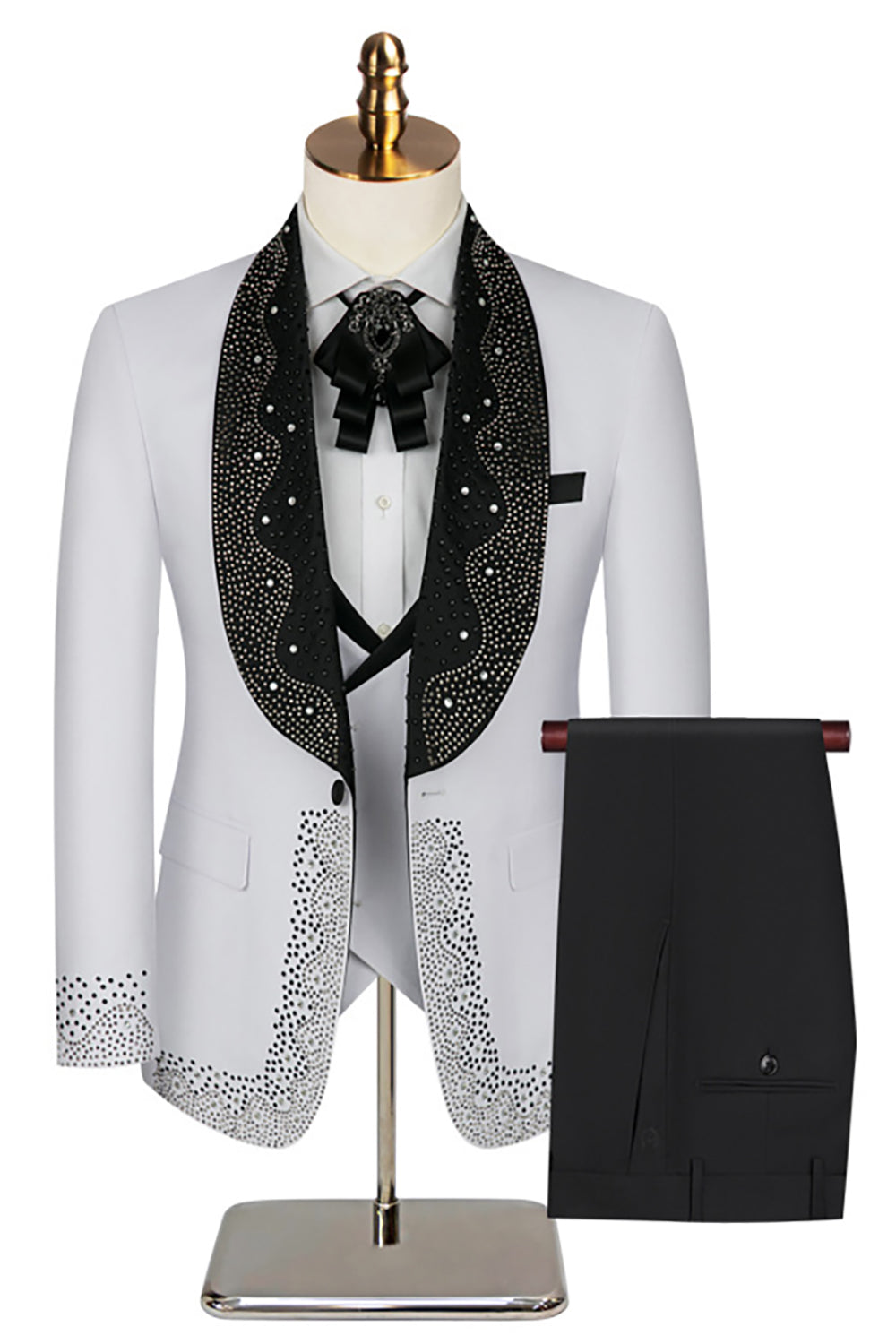 Men's White Beaded Shawl Lapel Single Breasted 3 Pieces Suits