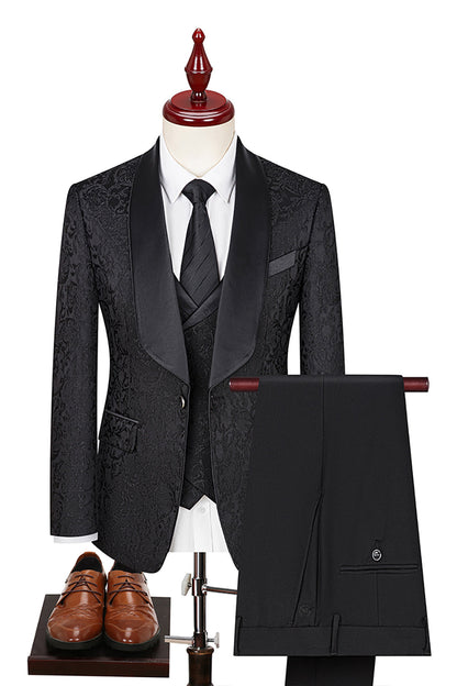 Dark Green Jacquard Shawl Lapel 3 Pieces Prom Suits