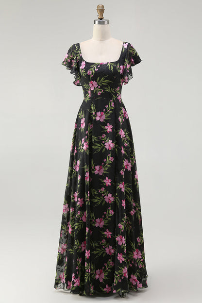 Black Pink Floral A Line Square Neck Short Sleeves Bridesmaid Dress