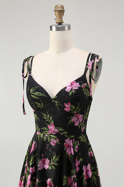 Black Pink Floral A Line Spaghetti Straps Tiered Long Bridesmaid Dress