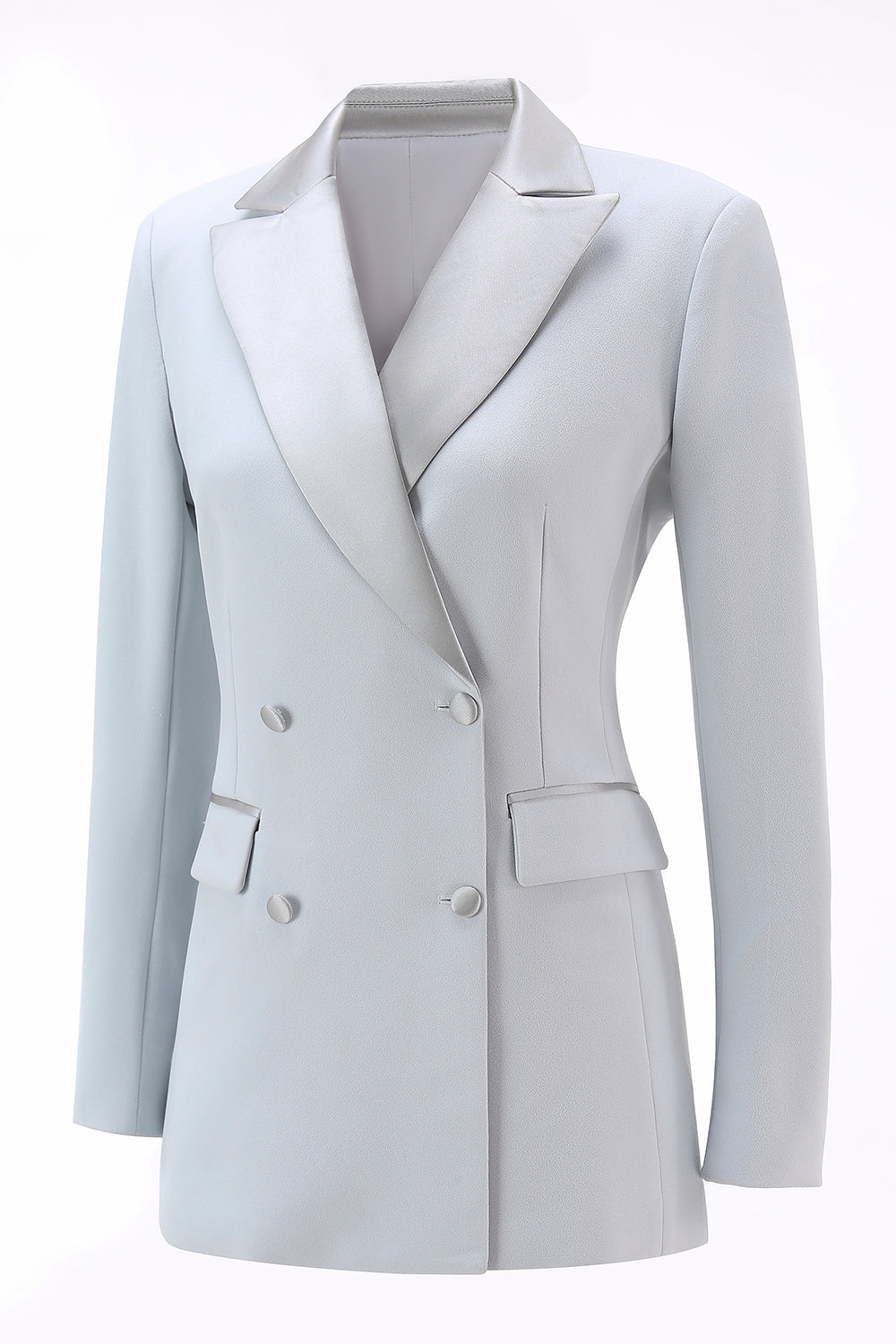 Silver 2 Piece Peak Lapel Double Breasted Slim Fit Women's Suit