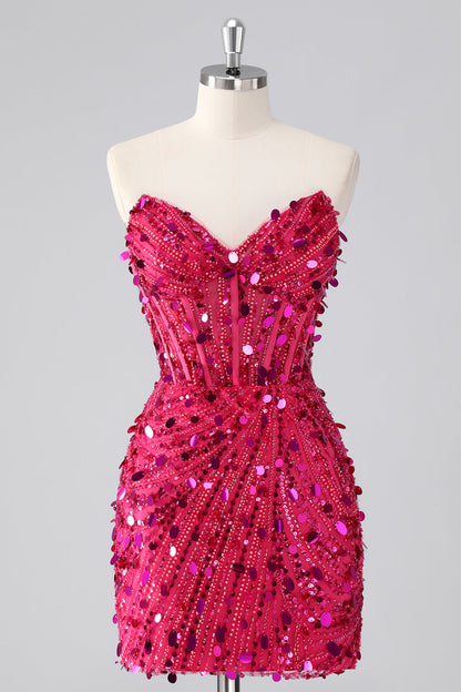 Red Sparkly Strapless Tight Short Beaded Corset Homecoming Dress with Sequins