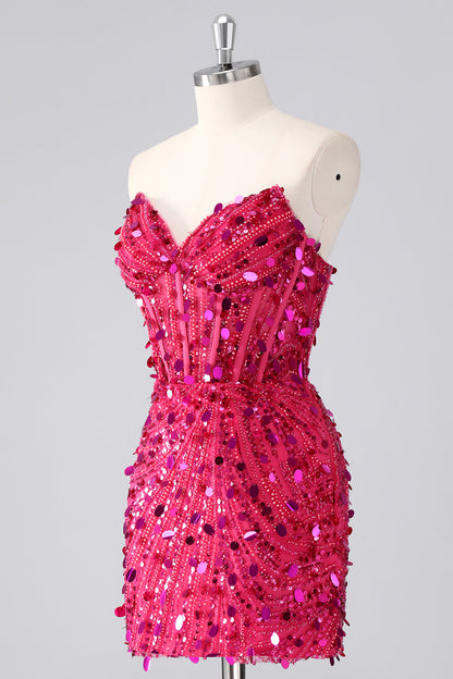 Red Sparkly Strapless Tight Short Beaded Corset Homecoming Dress with Sequins