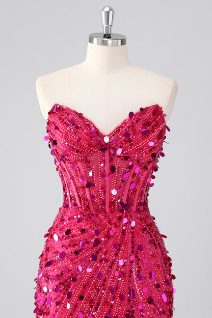 Red Sparkly Strapless Tight Short Beaded Corset Homecoming Dress with Sequins