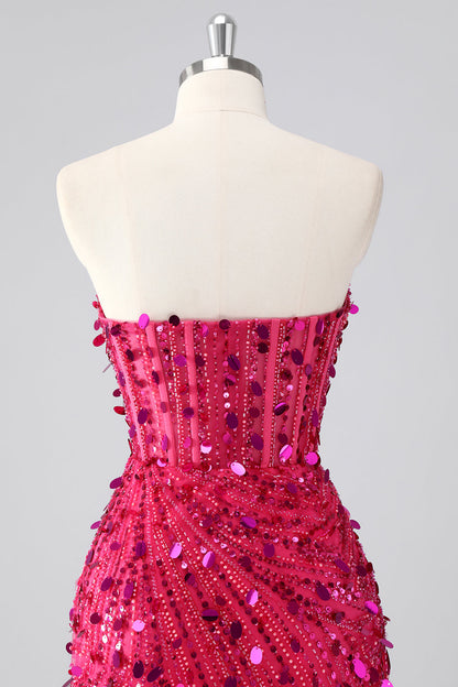 Red Sparkly Strapless Tight Short Beaded Corset Homecoming Dress with Sequins