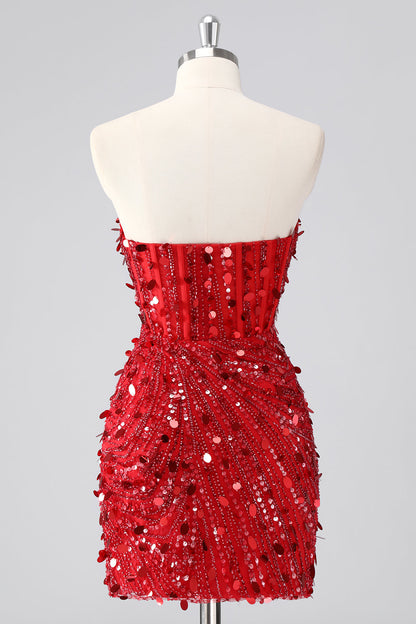 Sparkly Fuchsia Strapless Tight Short Sequins Corset Homecoming Dress with Beading