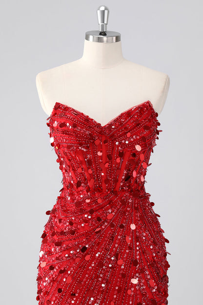 Sparkly Fuchsia Strapless Tight Short Sequins Corset Homecoming Dress with Beading