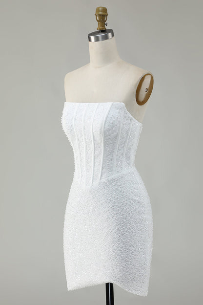 White Strapless Corset Short Bodycon Homecoming Dress with Sequins