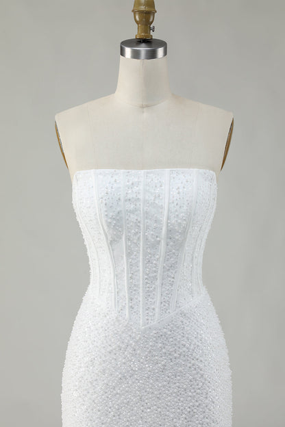 White Strapless Corset Short Bodycon Homecoming Dress with Sequins