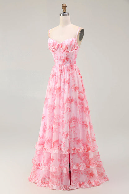 Pink Floral Corset A Line Spaghetti Straps Maxi Dress with Slit