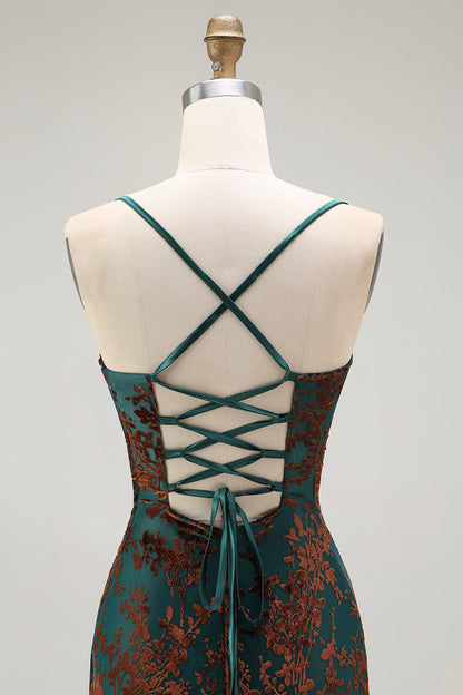 Dark Green Velvet Sheath Velvet Burnout Long Prom Dress