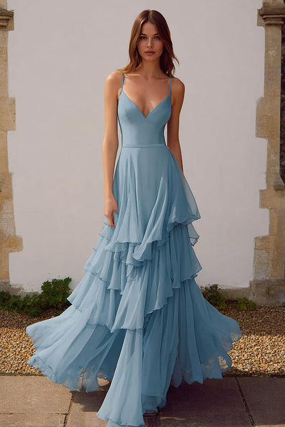 Dusty Blue A Line Chiffon Spaghetti Straps Long Bridesmaid Dress with Ruffles