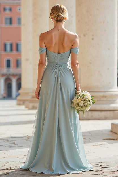 Grey Blue A Line Off the Shoulder Long Bridesmaid Dress with Slit