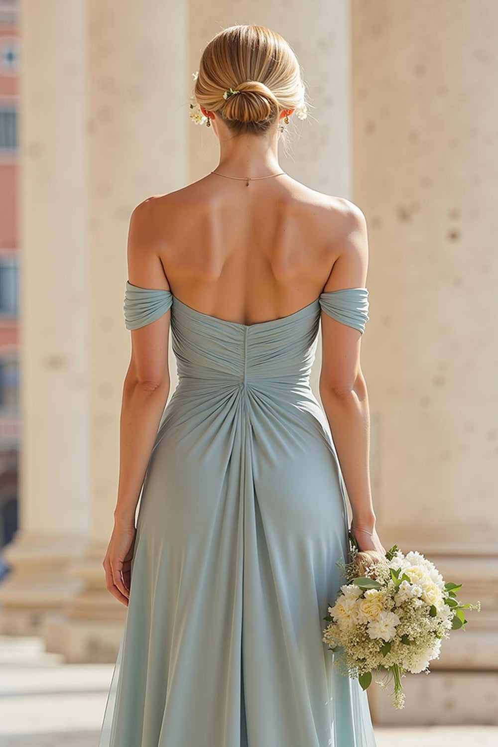 Grey Blue A Line Off the Shoulder Long Bridesmaid Dress with Slit