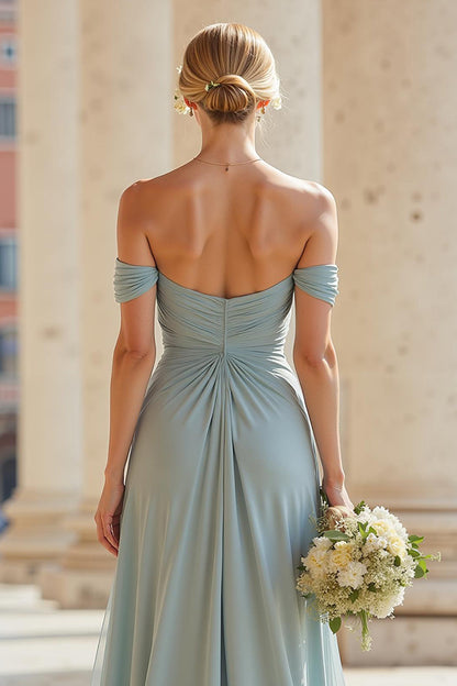 Grey Blue A Line Off the Shoulder Long Bridesmaid Dress with Slit