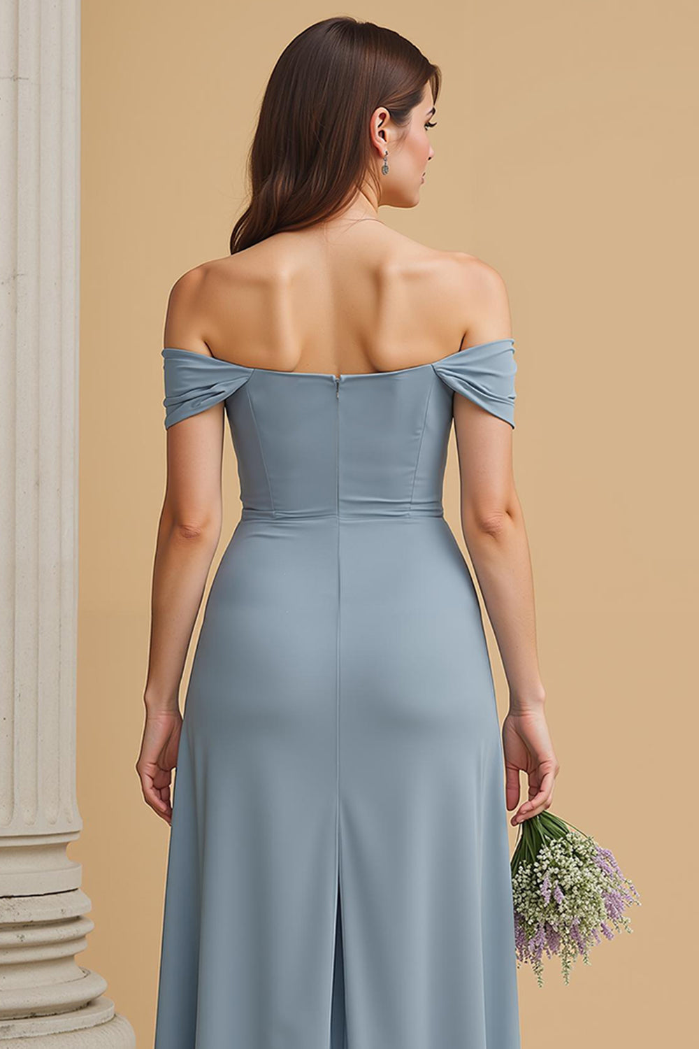 Dusty Blue Off the Shoulder Maxi A Line Bridesmaid Dress with Slit