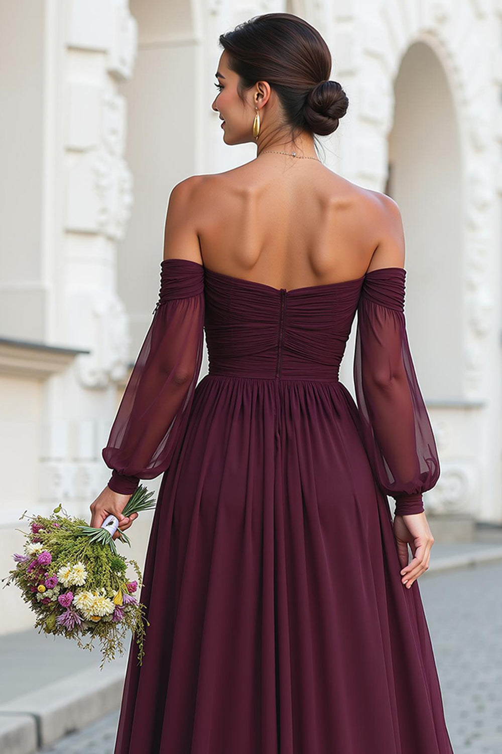 Cabernet A Line Long Off the Shoulder Bridesmaid Dress with Sleeves