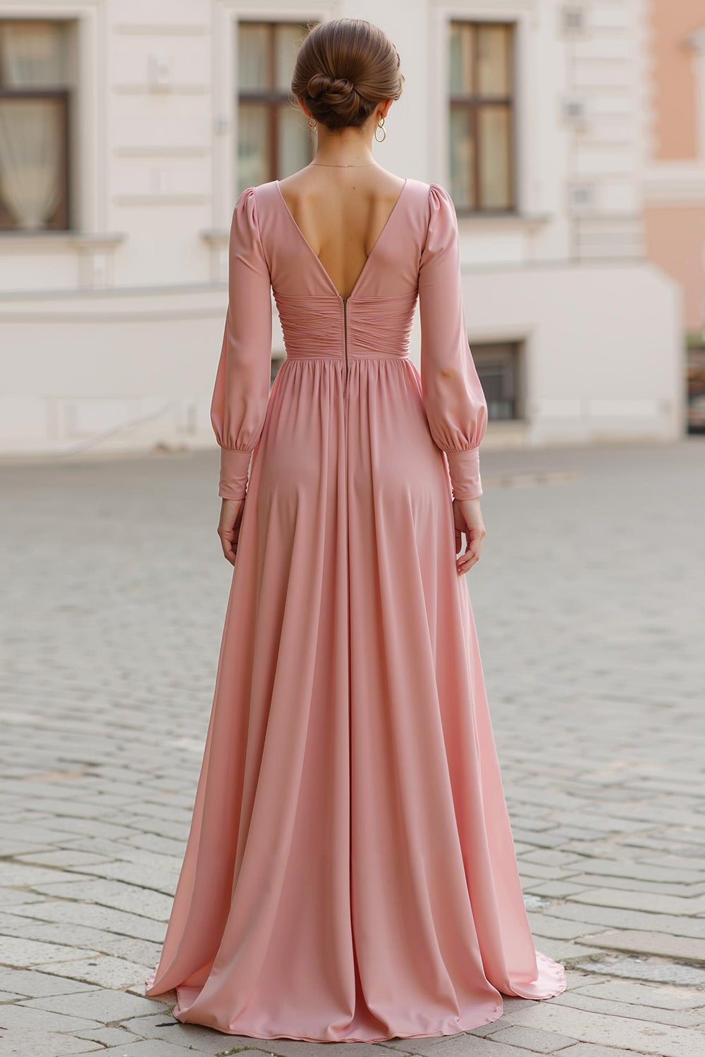 Dusty Rose V-Neck A Line Maxi Bridesmaid Dress with Sleeves