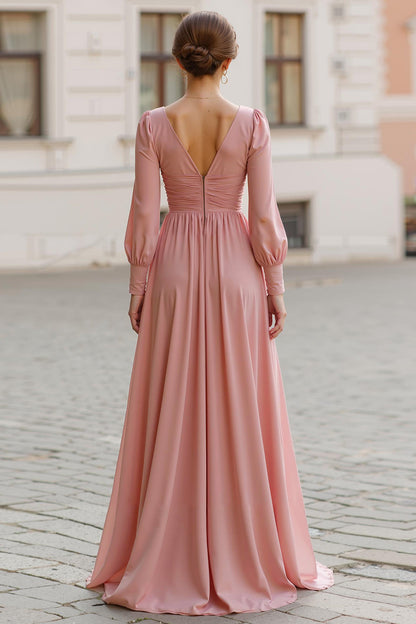 Dusty Rose V-Neck A Line Maxi Bridesmaid Dress with Sleeves
