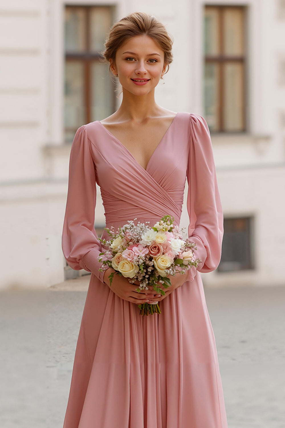 Dusty Rose V-Neck A Line Maxi Bridesmaid Dress with Sleeves