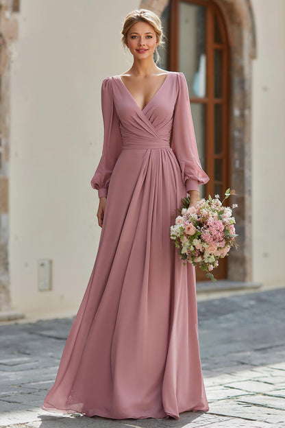 Dusty Rose V-Neck A Line Maxi Bridesmaid Dress with Sleeves