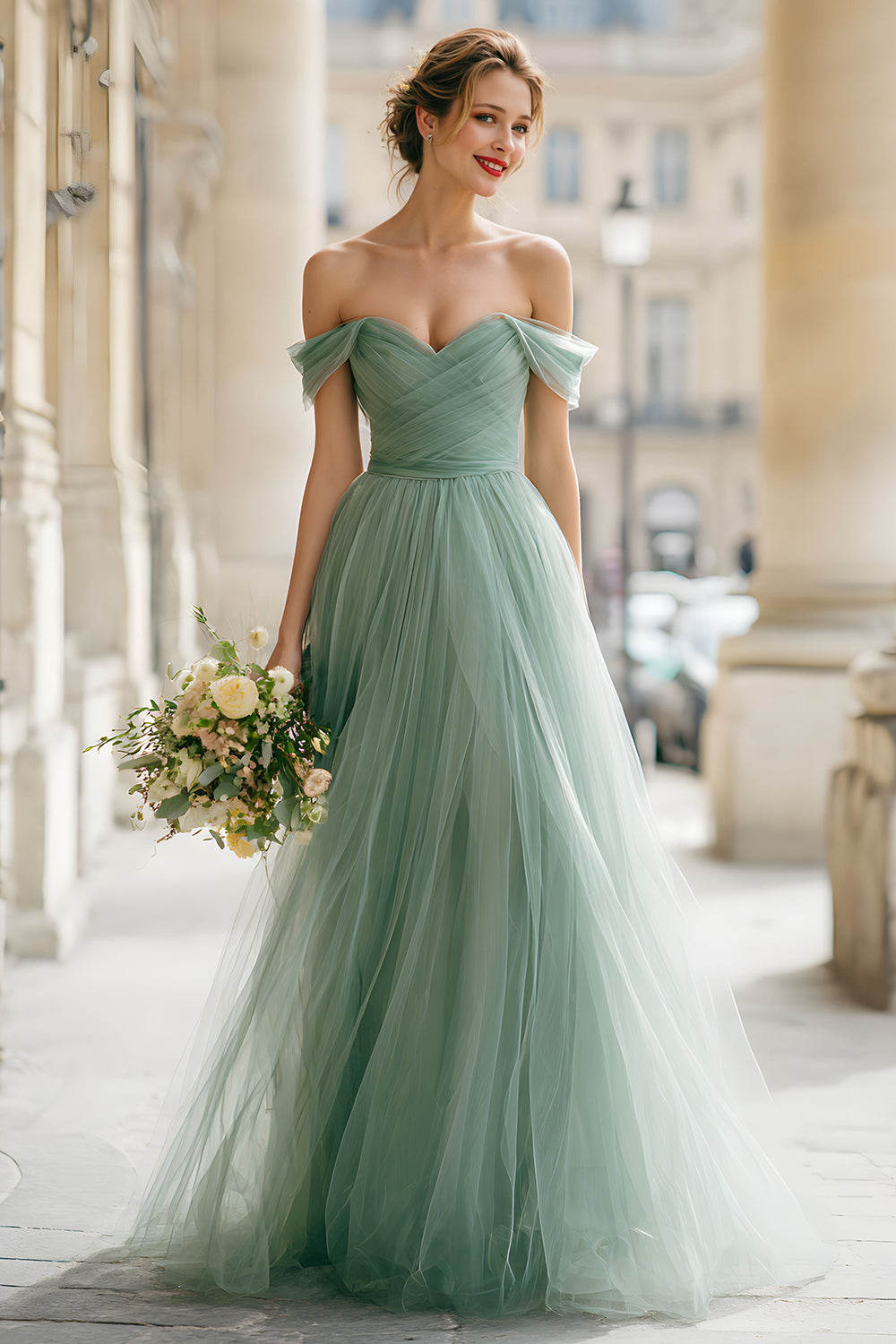 Eucalyptus A Line Maxi Off the Shoulder Bridesmaid Dress