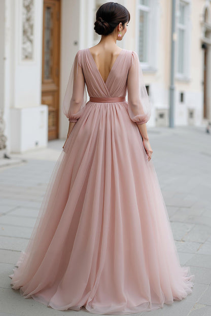Dusty Rose A Line V-Neck Maxi Bridesmaid Dress with Sleeves